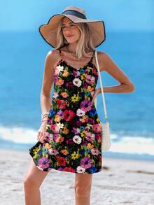 Sylviya V 领花卉印花迷你连衣裙，休闲优雅，适合度假、约会、派对，时尚吊带背心连衣裙，黑色背景 - 彩色 - 查看 4