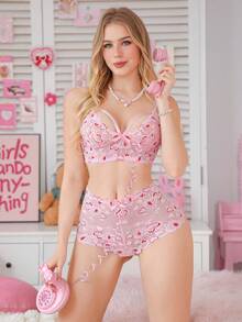 PetitDoll 2件套蕾丝边内衣套装，甜美可爱女士蕾丝文胸和内裤套装，无钢圈 - 粉色 - 查看 5