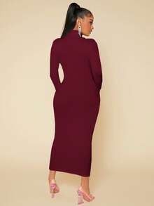 SHEIN SXY 高领纯色修身褶皱白色长款连衣裙 - 酒紅色 - 查看 2