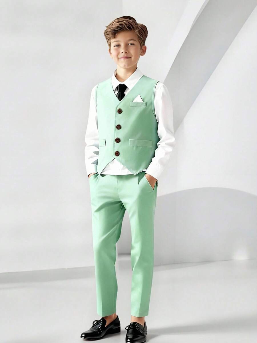 SHEIN 2 piezas Conjunto de niño preadolescente estilo caballero - Chaleco sin mangas y pantalones, traje formal elegante para fiesta de cumpleaños, boda, ceremonia, aniversario