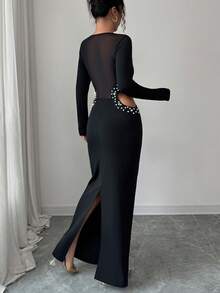 Rafferiza 女士优雅U领网眼拼接长袖腰部性感镂空收腰珍珠装饰高开衩纯色连衣裙 - 黑色 - 查看 2