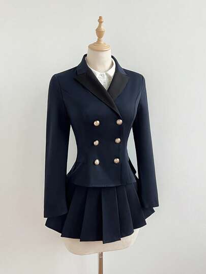 Elamini 2pcs/Set Vintage College Style Women Contrast Color Lapel NeckDouble-Breasted Long Sleeve Jacket And Pleated Mini Skirt