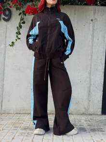 Bearsaez Drawstring Waist Nylon Contrast Panel Wide Leg Tracksuit Bottoms Only Spring Airport, Casual The Book Shop Christmas Fall Autumn Winter - Brown - View 5
