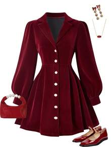 Sparklyn Elegant Retro Versatile Dress For Teen Girls - Small V-Neck With 5 Buttons On Placket & Convertible Collar | Suitable For Daily Activities Like School, Commuting, Outings, Walking & Shopping - Red - View 1