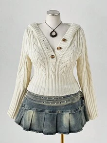 Sunspun Áo len cổ chữ V cài nút, dáng ôm, dệt kim cáp màu trơn, thu/đông - Màu be - Xem 4