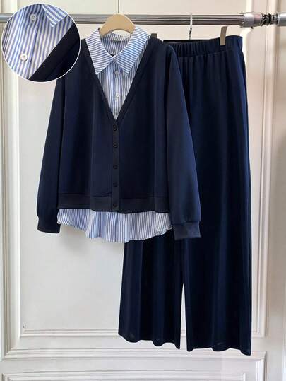 GlowEve CURVE Plus Size Women Striped Contrast Color Long Sleeve Lapel Cardigan Shirt Style Casual Elegant Two Pieces Set + Solid Color Elastic Waist Pants