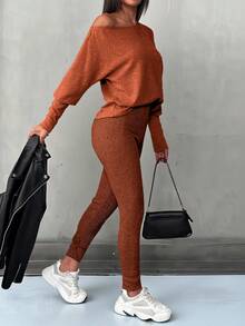 SHEIN LUNE Women's Solid Color Batwing Sleeve Top And Pants Casual 2 Pieces Set - Burnt Orange - View 3