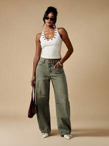 MISSGUIDED Pantalones vaqueros de cintura alta, pierna ancha y corte barrel con lavado vintage, ajuste relajado y diseño utilitario para uso casual diario - Verde militar - Ver 3