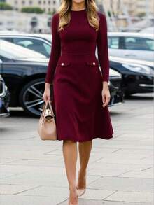 Ellevyn 优雅的勃艮第长袖连衣裙，适合日常通勤 - 酒紅色 - 查看 3