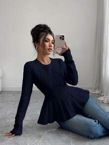 Elenzga 女式优雅修身圆领 A 字长袖纯色毛衣，秋季 - 藏蓝色 - 查看 6