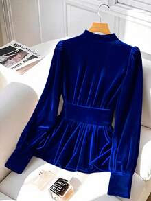 GlowEve 25+ 加大码女式优雅舒适天鹅绒面料高领宽松常规长度长袖休闲、约会、派对穿着 T 恤，黑色，秋冬、圣诞节、新年 - 寶藍色 - 查看 2