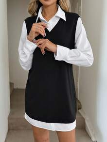 Easowa Women's Contrast Color Casual Pullover Long Sleeve Short Dress  Business Casual For Women Elegant Dress For Women Long Sleeves Polo Collar Color Block Pleated A-Line Long Sleeve Casual Loose Elegant Commuter Vintage Mini Dress For Women Winter Dresses For Women Christmas Women's Clothing Elegant Party Dresses T Formal Women's Clothes Jumper Dress Vest Dress Preppy Dress French Style Dress Black And White Dress Women