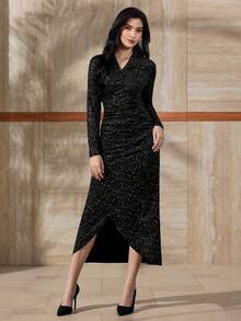 Modelyn Vestido elegante de mujer con cuello en V, manga larga, estampado brillante y plisado ajustado - Negro - Ver 4