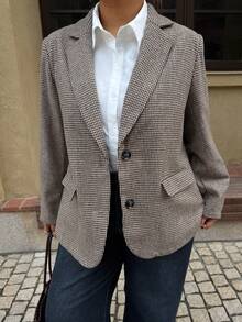 Dripcurv Brown Plus Size Vintage-Style Plaid Blazer For Winter, With A Crossover Design At The Back,New Year Blazer,Old-Money Style - Brown - View 1