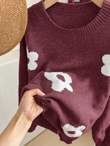 SHEIN LUNE 2件套女士钩针花朵套头毛衣和裤子套装，保暖舒适 - 酒紅色 - 查看 5