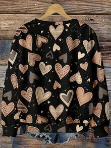 EMERY ROSE Women's Plus Size Sweatshirt,Black Ombre Khaki Heart&Leopard Pattern Full-Print,Smart Casual Everyday Style For Autumn,Winter,Halloween,Christmas - Multicolor - View 2