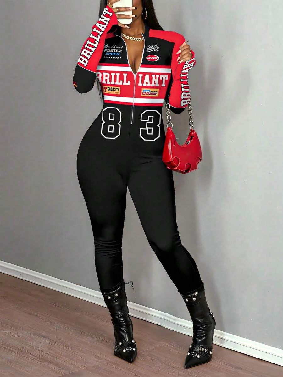 Slaydiva Quần áo mùa thu cho nữ/Quần áo Y2K/Thời trang dạo phố/Trang phục đi chơi/Đồ họa đua xe F1/Đồ họa đội xe máy/Bộ đồ liền thân dài tay cổ có khóa kéo - Nhiều màu - Xem 1