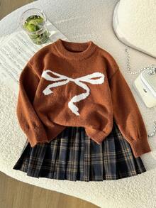 Genkimix Kids 女孩棋盘格毛衣和红色蝴蝶结点缀裙套装，百搭百搭红裙，适合万圣节、圣诞节、开学季，可爱装扮 - 棕色 - 查看 5