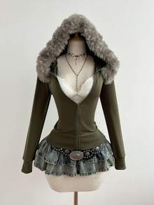 Women's Fitted Zip-Up Sweatshirt With Detachable Faux Fur Collar, Sweet & Cool Girl Style, Autumn/Winter - Army Green - View 1