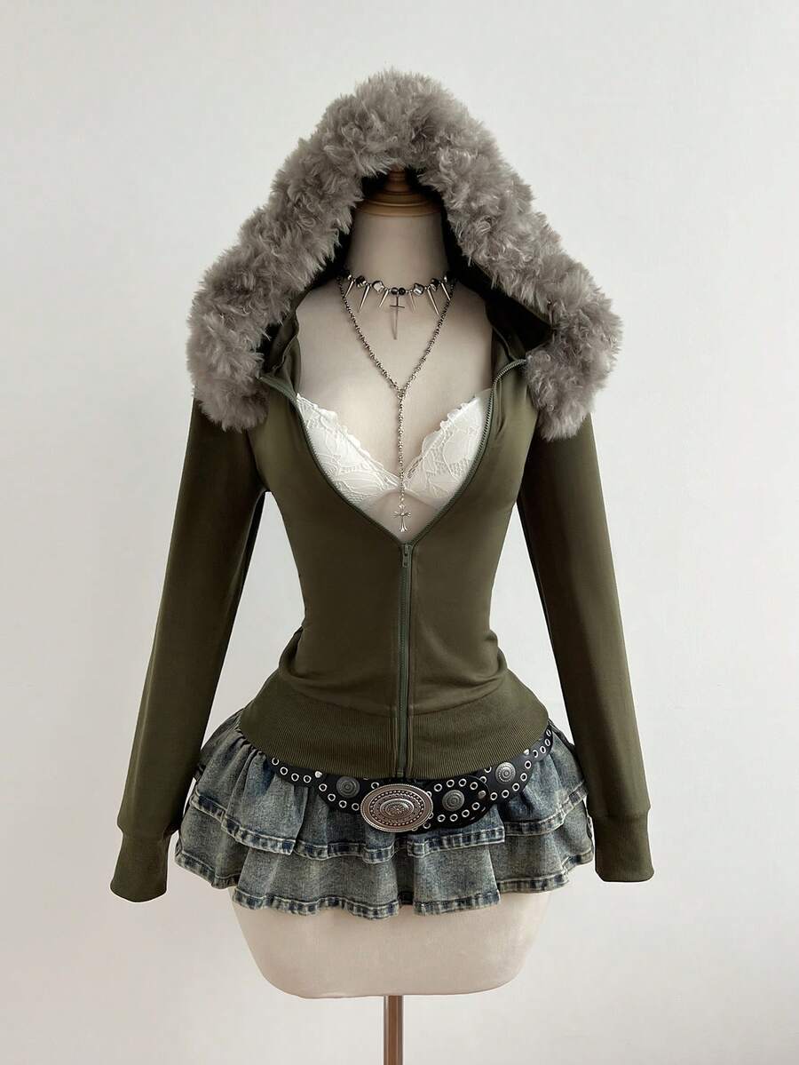 Women's Fitted Zip-Up Sweatshirt With Detachable Faux Fur Collar, Sweet & Cool Girl Style, Autumn/Winter - Army Green - View 1