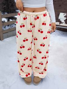 Comfortcana Plus Size Women Cherry Graphic Fleece Drawstring Casual Sweatpants, Autumn/Winter - Multicolor - View 9
