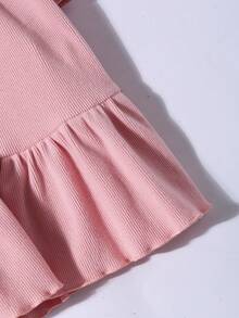 女童罗纹针织连衣裙，时尚简约优雅圆领连衣裙，饰有花卉刺绣图案，粉色荷叶边下摆配腰带，长袖插肩连衣裙，适合春、秋、冬季穿着。 - 粉色 - 查看 6