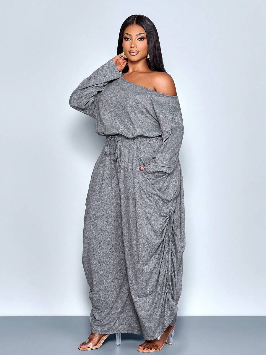 SOLERSUN Bộ jumpsuit nữ cỡ lớn màu trơn mới, cổ áo bất đối xứng, tay dài, ống rộng, kiểu dáng thời trang và đa năng với túi lớn, phù hợp cho các bữa tiệc, buổi hòa nhạc, phong cách mới năm 2026, thời trang đường phố, trang phục hàng ngày. - Xám - Xem 1