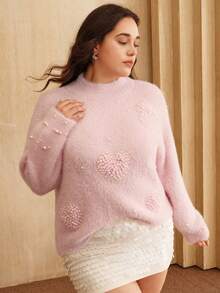Anewsta Elegante y lujoso suéter de cuello alto de terciopelo con flores y corazones de strass, estilo francés, talla grande, adecuado para otoño, invierno, fiestas y Navidad - Rosa - Ver 5