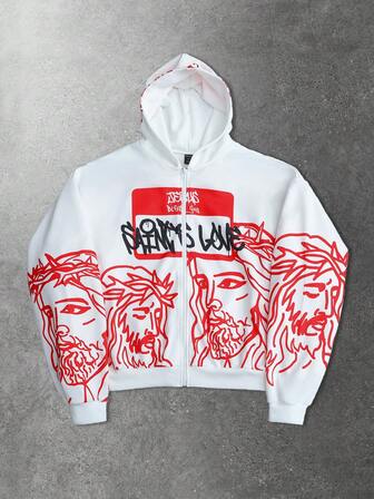 Street Life Men's Portrait & Letter Print Religious Figure Hooded Zip-Up Long Sleeve Sweatshirt Sweatshirt