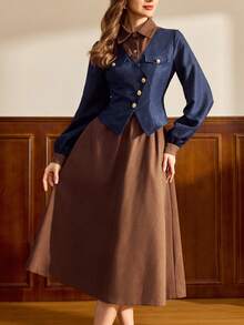 Vintamour Vintage Elegant Women 2 Pieces Set Brown And Blue,Autumn,Elegant,Tea Party Casual Pockets Contrast Color Button Shirt Jacket & Skirt Suit Christmas - Multicolor - View 3