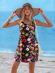 Sylviya V 领花卉印花迷你连衣裙，休闲优雅，适合度假、约会、派对，时尚吊带背心连衣裙，黑色背景 - 彩色 - 查看 5
