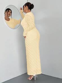 Firerie 大码女式白色浪漫优雅蕾丝提花长袖收腰鱼尾长裙，优雅/工作/度假/派对/约会/情人节/音乐会/演出/正式晚宴/舞会/婚礼季/性感/优雅/通勤/返校/度假/海滩/优雅浪漫/办公室性感/美人鱼风格/生日派对服装 - 淡黃色 - 查看 6