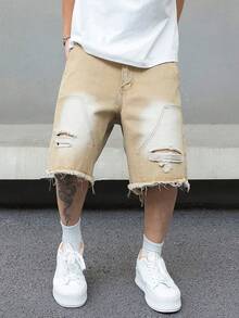 Manfinity EMRG 男式侧袋做旧流苏休闲牛仔短裤