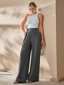 CLARA VERO Women Solid Color High Waist Wide Leg Pants - Dark Grey - View 3