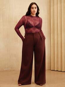 Anewsta Plus Size Women Slim Fit Sexy Sheer Lace Long Sleeve Top - Red - View 7