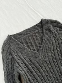 Elamini Suéter ajustado de punto de cable de unicolor con cuello en V para uso diario y casual de mujer, otoño/invierno (cadena de cintura no incluida) - Gris - Ver 3