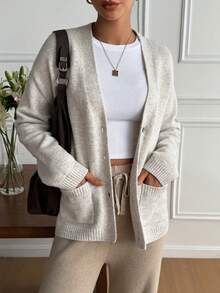Livesso Áo khoác cardigan dài tay tối giản màu trơn có túi dành cho nữ, thích hợp mặc hàng ngày vào mùa thu - Màu be - Xem 4