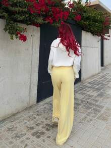 Bearsaez Soft White Knitted Home Baggy Pants, Loose Pants,Butter Yellow