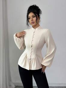 Elenzga Blusa feminina elegante e casual para o dia a dia, férias, chá da tarde, Natal e festas de luxo. Cor sólida, gola mandarim, cintura franzida, abertura frontal parcial, punhos com botões e mangas compridas. Ideal para primavera/outono/inverno. - Damasco - Ver 6