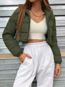 SHEIN EZwear 女士纯色拉链立领短款休闲加厚外套，冬季服装 - 軍綠色 - 查看 4