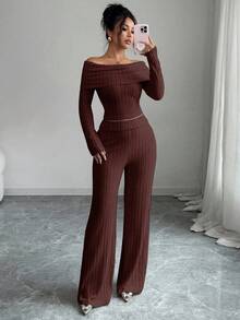 SHEIN Elenzya Women's Ribbed Brushed Off-Shoulder Top & Pants, Elegant Minimalist Casual 2-Piece Set For Date, Daily Wear, Party, Autumn/Winter - Brown - View 5