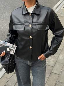 SHEIN Essnce 女士休闲纯色时尚前扣落肩宽松夹克，秋季 - 黑色 - 查看 4