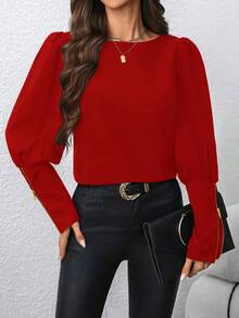 SHEIN Clasi 女士泡泡袖金属拉链衬衫，适合新年穿着 - 紅色 - 查看 5