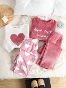 SHEIN Bộ đồ ngủ vải nỉ mềm mại, cổ tròn in hình trái tim và đám mây dễ thương dành cho bé gái tuổi mới lớn 4 món dành cho ngày lễ tình nhân, Giáng sinh, năm mới - Nhiều màu - Xem 3