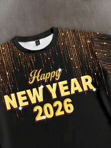 Manfinity Homme Men's Casual New Year 2026 Golden Glitter "Happy New Year" Print Fitted T-Shirt Fireworks T Shirt Celebration T-Shirt Holiday Top - Multicolor - View 2