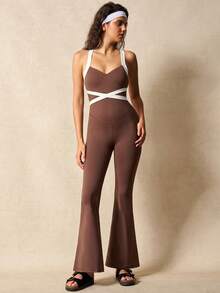 VARSIVA Women's Brown And White Cross-Strap V-Neck Jumpsuit With Built-In Bra Pads And Beautiful Back Design, Suitable For Yoga, Pilates, And Sports. - Multicolor - View 5