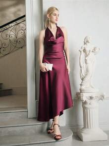 Anewsta Plunging Neck Tie Strap Bow Sleeveless Cinched Waist Bodycon Dress, Suitable For Beach Party, Vacation