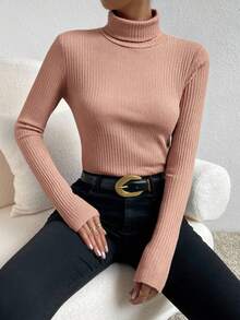 SHEIN Clasi Women's Casual Minimalist Turtleneck Slim Fit T-Shirt, Suitable For Autumn/Winter, Ribbed Fabric - Apricot - View 6