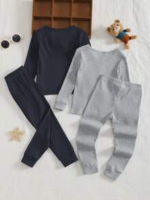 4件套男童柔软舒适面料套装，可爱小熊刺绣装饰，休闲修身长袖上衣和裤子家居服套装 - 彩色 - 查看 2