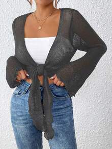 SHEIN VCAY 女士纯色打结休闲百搭薄纱长袖开衫